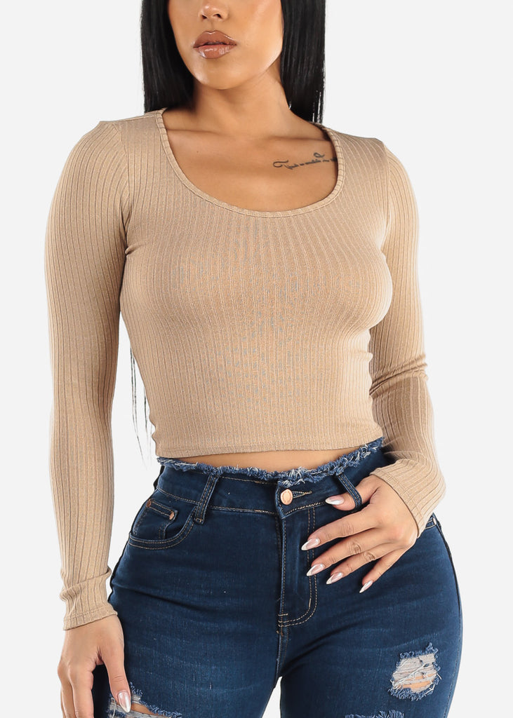 Ribbed Knit Long Sleeve Top Beige