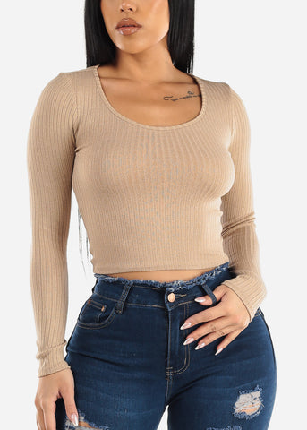 Image of Ribbed Knit Long Sleeve Top Beige