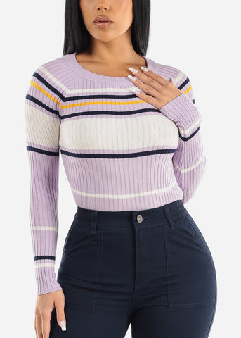 Image of Long Sleeve Multi Stripe Sweater Lilac