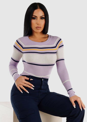 Image of Long Sleeve Multi Stripe Sweater Lilac