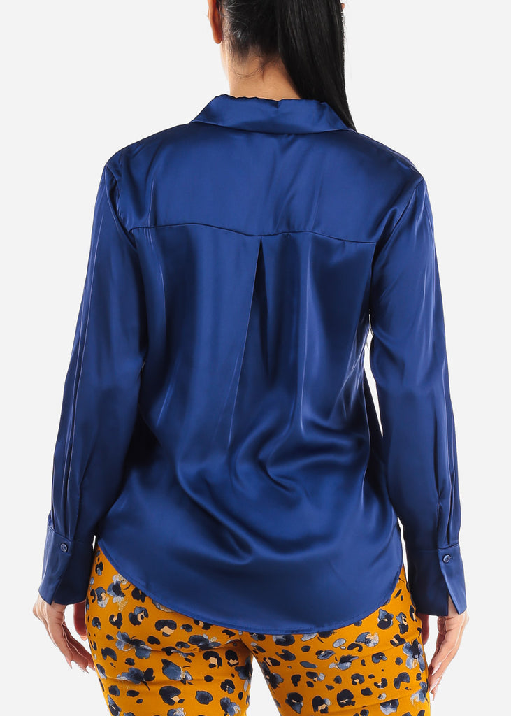 Satin Long Sleeve Button Down Collared Blouse Royal Blue