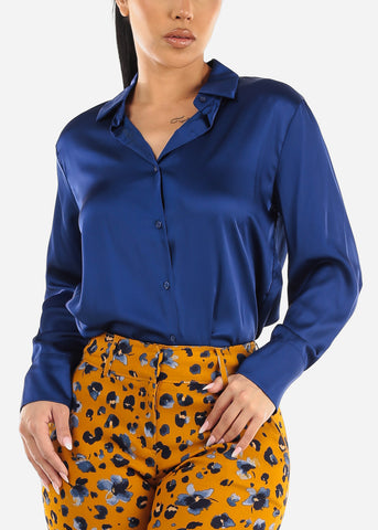 Image of Satin Long Sleeve Button Down Collared Blouse Royal Blue