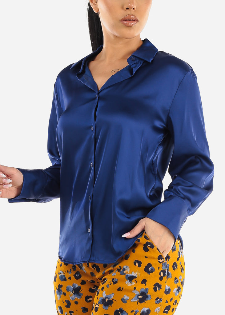 Satin Long Sleeve Button Down Collared Blouse Royal Blue