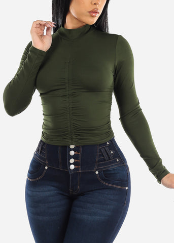 Image of Long Sleeve Front Ruched Mock Neck Top Green