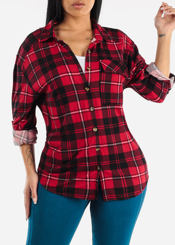 Image of Long Sleeve Button Up Plaid Shirt Red & Black