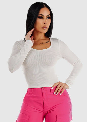 Image of White Ribbed Knit Long Sleeve Top