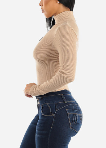 Image of Long Sleeve Mock Neck Cropped Sweater Top Taupe