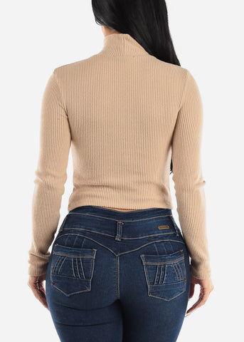 Image of Long Sleeve Mock Neck Cropped Sweater Top Taupe