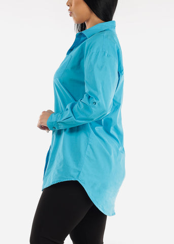 Image of Long Sleeve Cotton Tunic Shirt Blue