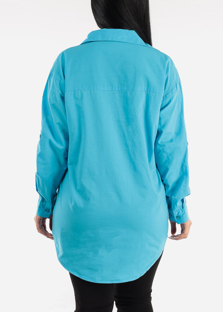 Long Sleeve Cotton Tunic Shirt Blue