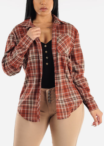 Image of Oversized Plaid Button Down Shacket Brick