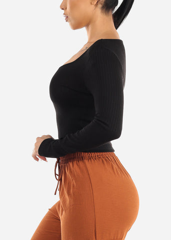 Image of Black Ribbed Knit Long Sleeve Top