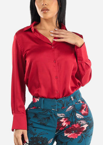 Image of Satin Long Sleeve Button Down Collared Blouse Red