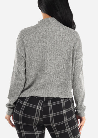 Image of Long Sleeve Mock Neck Hacci Sweater Crop Top Grey