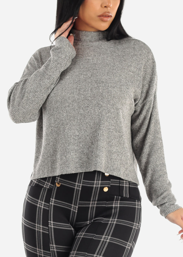 Long Sleeve Mock Neck Hacci Sweater Crop Top Grey