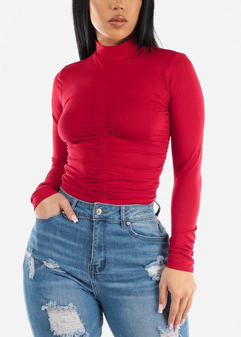 Image of Long Sleeve Front Ruched Mock Neck Top Red