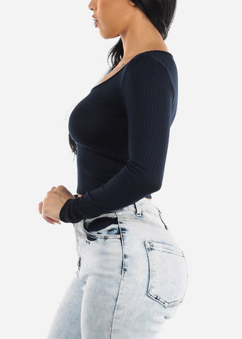 Image of Ribbed Knit Long Sleeve Top Navy