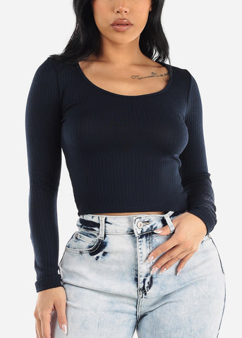 Image of Ribbed Knit Long Sleeve Top Navy