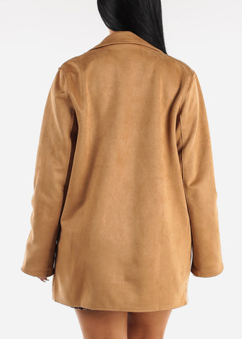 Image of Long Sleeve Suede Coat Camel