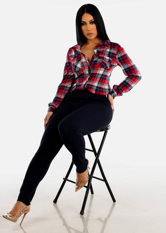 Image of Long Sleeve Button Up Plaid Shirt Navy & Red