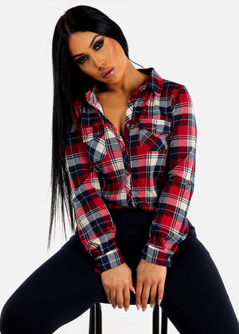 Image of Long Sleeve Button Up Plaid Shirt Navy & Red