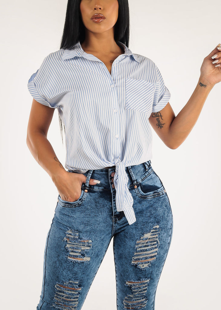 Blue Striped Short Sleeve Button Up Blouse with Front Tie