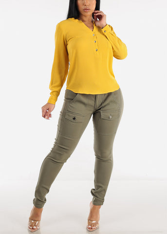Image of Long Sleeve Blouse Mustard w Front Half Placket