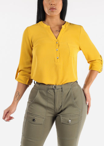 Image of Long Sleeve Blouse Mustard w Front Half Placket