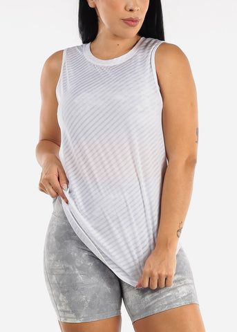 Image of White Cut Out Back Sheer Striped Mesh Active Tank Top