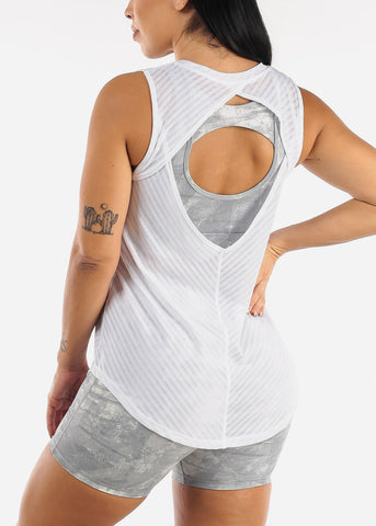 Image of White Cut Out Back Sheer Striped Mesh Active Tank Top