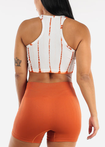 Image of Ribbed Tie Dye Seamless Active Cropped Top White & Orange
