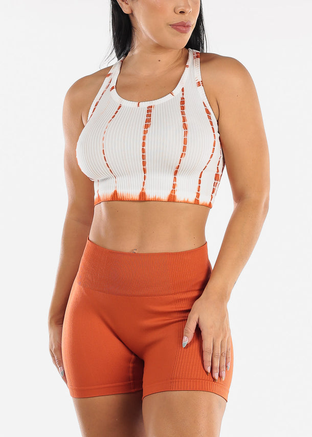 Ribbed Tie Dye Seamless Active Cropped Top White & Orange