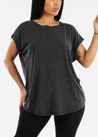 Image of Black Cap Sleeve Cut Out Back Athleisure Top