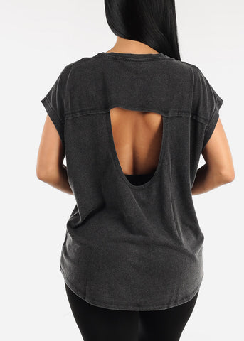 Image of Black Cap Sleeve Cut Out Back Athleisure Top