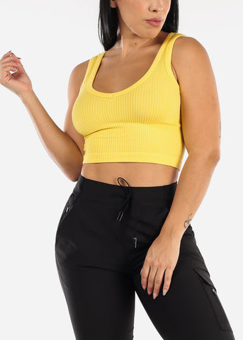 Image of Yellow Ribbed Seamless Cropped Tank Top