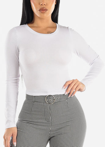 Image of Ribbed Crewneck Long Sleeve White Crop Top