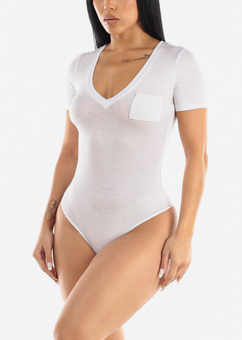 Image of Short Sleeve Vneck White Thong Bodysuit