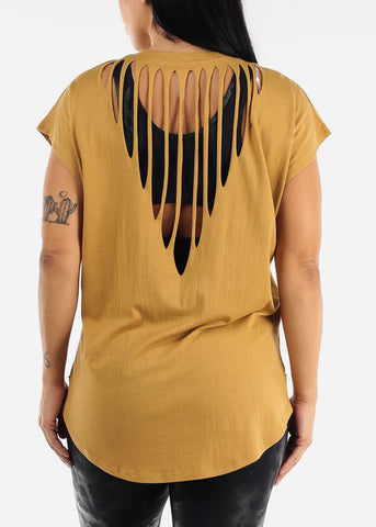 Image of Cut Out Back Athleisure Cap Sleeve Mustard Top