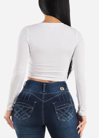 Image of White Vneck Long Sleeve Ribbed Crop Top