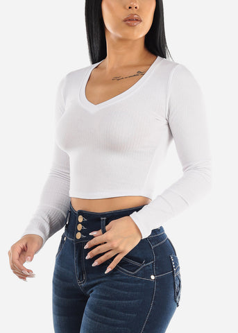Image of White Vneck Long Sleeve Ribbed Crop Top