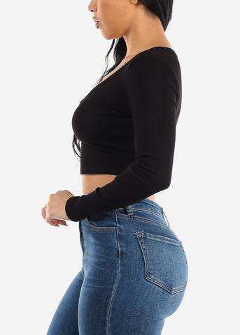 Image of Long Sleeve Black Ribbed Crop Top w Snap Button Neckline
