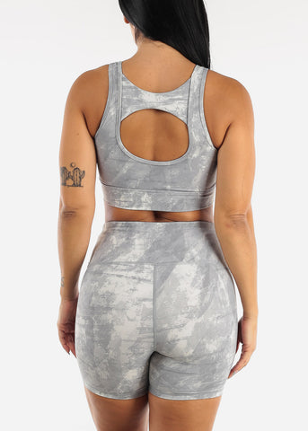 Image of Activewear Sports Bra Cut Out Back Printed Grey