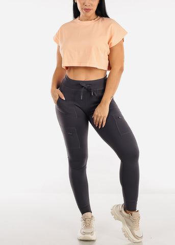 Image of Pima Cotton Active Cap Sleeve Cropped Peach Tee