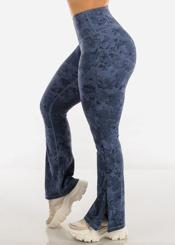 Image of High Waisted Flared Activewear Leggings Navy Printed