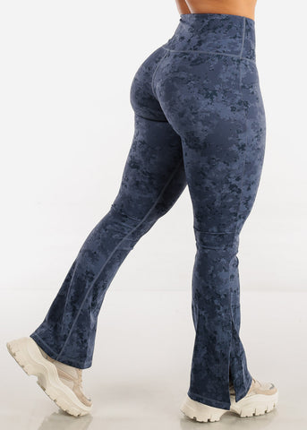 Image of High Waisted Flared Activewear Leggings Navy Printed