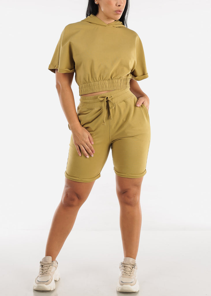 Cotton High Waisted Relaxed Bermuda Shorts Light Olive
