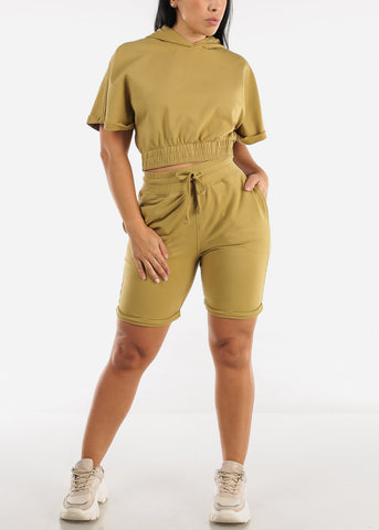 Image of Cotton High Waisted Relaxed Bermuda Shorts Light Olive