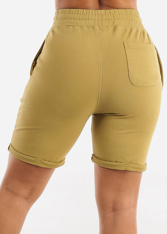 Image of Cotton High Waisted Relaxed Bermuda Shorts Light Olive