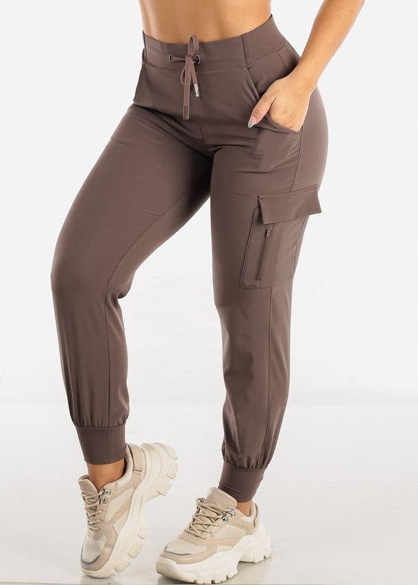 Brown High Waisted Active Cargo Jogger Pants