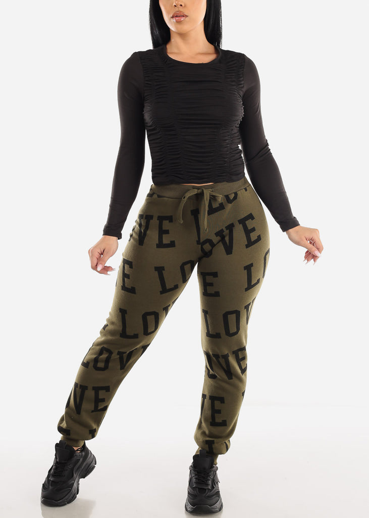Fleece Drawstring Waist Jogger Sweatpants Olive "Love"